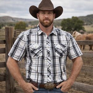 Surplus Plaid Western Shirt Mens Large Blue Black White Short Sleeve Embroidered